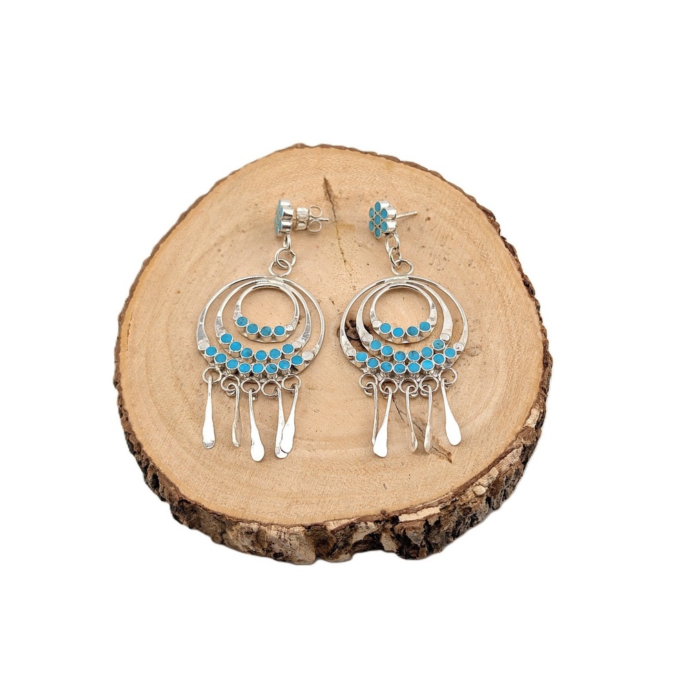 Zuni Michelle Peina Turquoise Inlay Chandelier Drop Fringe Dangle Earrings**